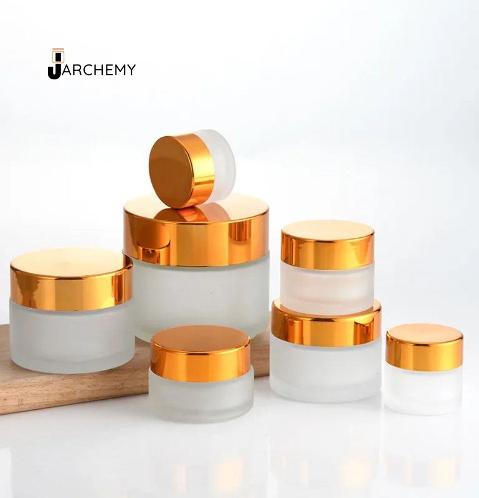 Jarchemy Cream Bottle – Empty 5g Mini Glass Jar, 30g Mask Cosmetic, 50g Makeup, Inner Lid Lip Balm Container, 100g Gold Reusable Wholesale